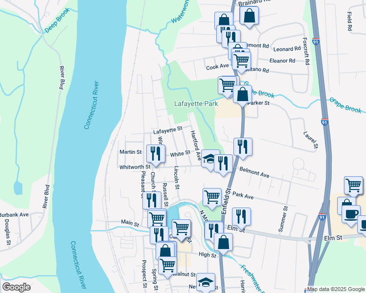map of restaurants, bars, coffee shops, grocery stores, and more near 18 Union Street in Enfield