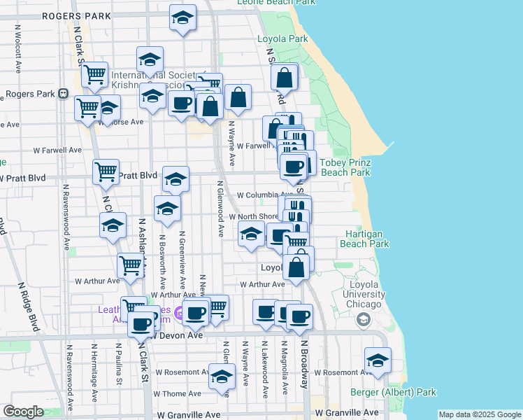 map of restaurants, bars, coffee shops, grocery stores, and more near 1258 West Columbia Avenue in Chicago