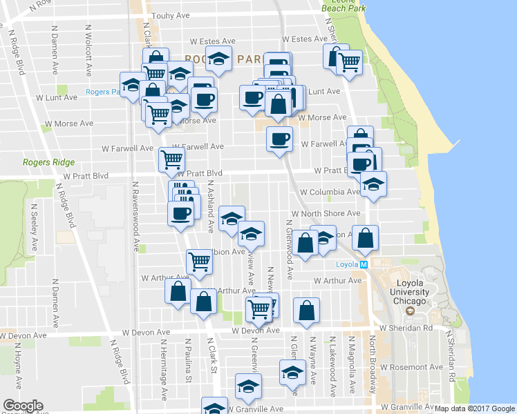 map of restaurants, bars, coffee shops, grocery stores, and more near 6732 North Newgard Avenue in Chicago
