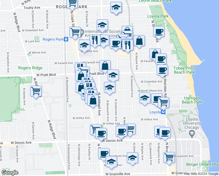 map of restaurants, bars, coffee shops, grocery stores, and more near 6749 North Bosworth Avenue in Chicago