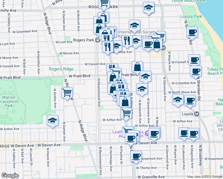 map of restaurants, bars, coffee shops, grocery stores, and more near 6731 North Hermitage Avenue in Chicago