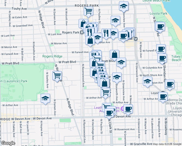 map of restaurants, bars, coffee shops, grocery stores, and more near 6761 North Clark Street in Chicago