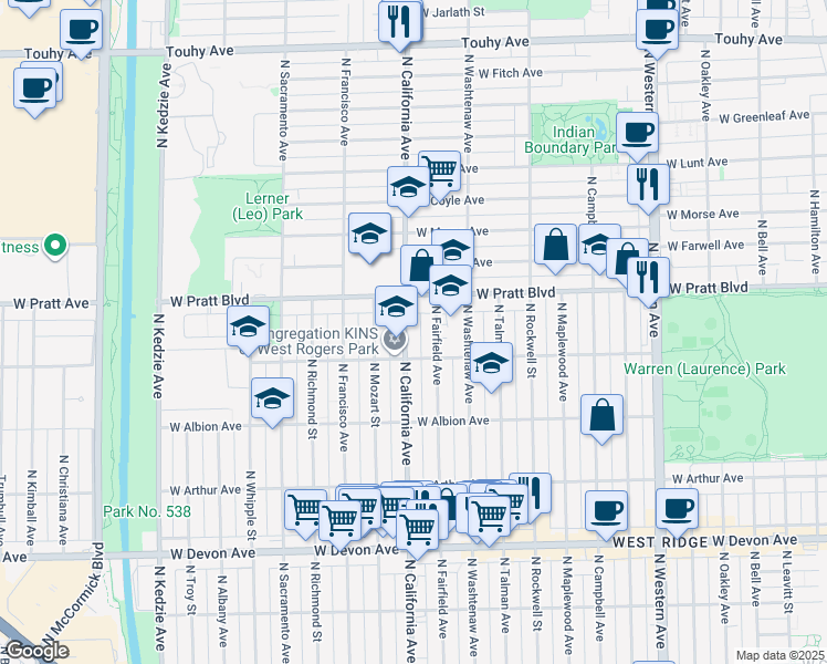 map of restaurants, bars, coffee shops, grocery stores, and more near 2743 West Pratt Boulevard in Chicago