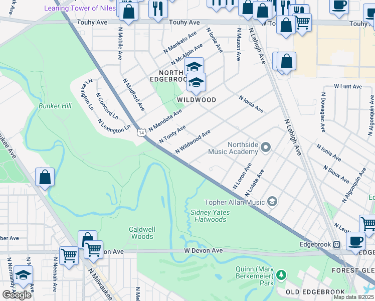 map of restaurants, bars, coffee shops, grocery stores, and more near 6750 North Wildwood Avenue in Chicago