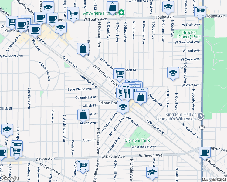 map of restaurants, bars, coffee shops, grocery stores, and more near 6830 North Overhill Avenue in Chicago