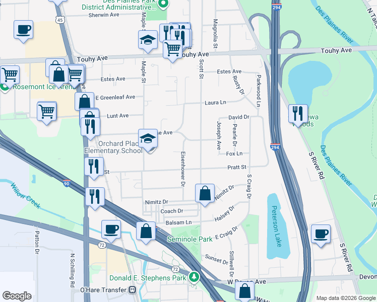 map of restaurants, bars, coffee shops, grocery stores, and more near 2703 Eisenhower Drive in Des Plaines