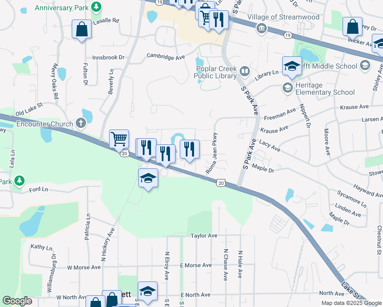 map of restaurants, bars, coffee shops, grocery stores, and more near 308 Roma Jean Parkway in Streamwood