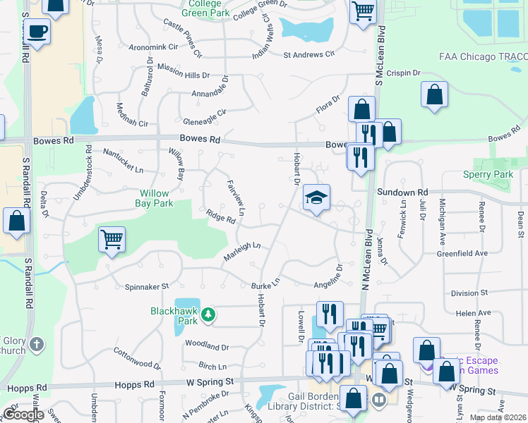 map of restaurants, bars, coffee shops, grocery stores, and more near 29 Farmington Court in South Elgin