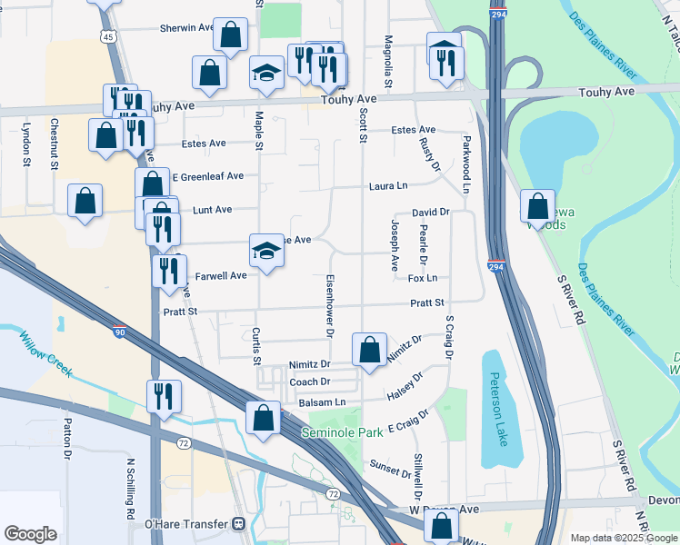 map of restaurants, bars, coffee shops, grocery stores, and more near 2703 Eisenhower Drive in Des Plaines