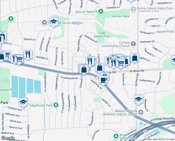 map of restaurants, bars, coffee shops, grocery stores, and more near 7229 Olde Salem Circle in Hanover Park