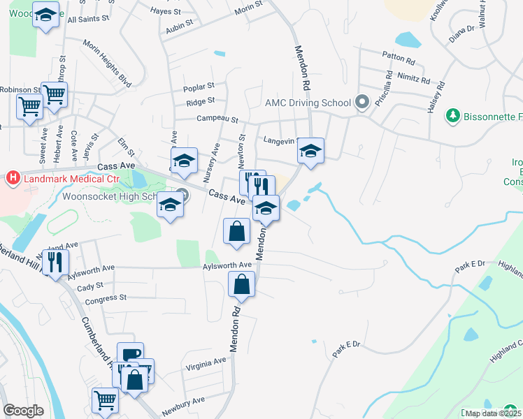 map of restaurants, bars, coffee shops, grocery stores, and more near 26 Dana Street in Woonsocket