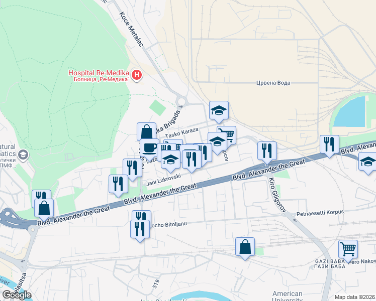 map of restaurants, bars, coffee shops, grocery stores, and more near Lazar Pop Trajkov in Skopje