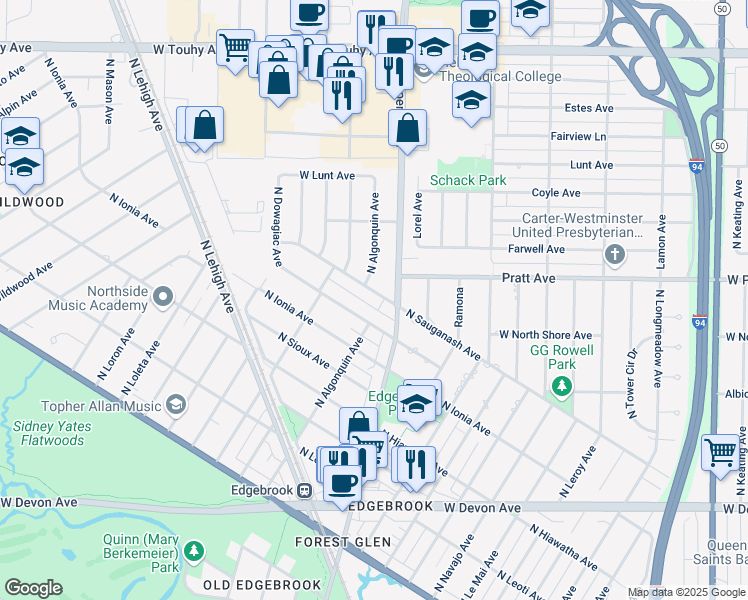 map of restaurants, bars, coffee shops, grocery stores, and more near 6752 North Sauganash Avenue in Chicago