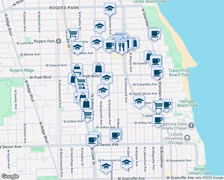 map of restaurants, bars, coffee shops, grocery stores, and more near 6732 North Newgard Avenue in Chicago