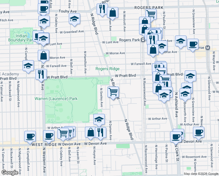 map of restaurants, bars, coffee shops, grocery stores, and more near 6801 North Seeley Avenue in Chicago