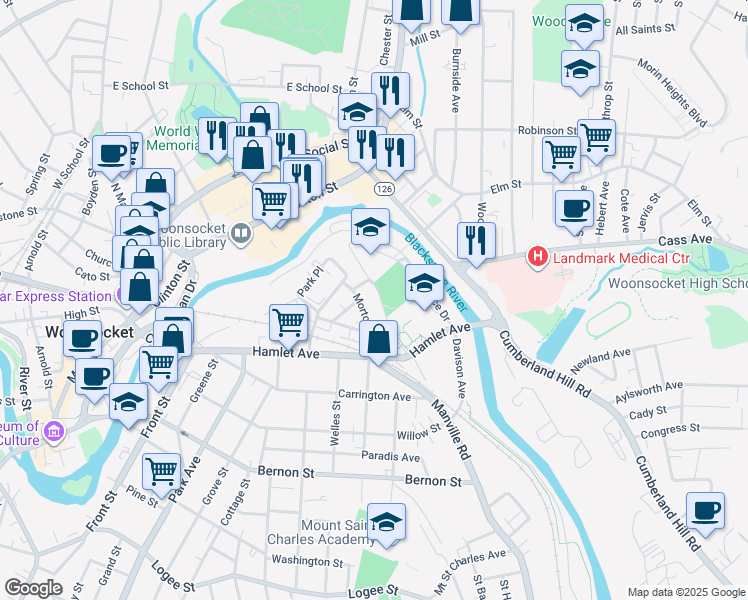 map of restaurants, bars, coffee shops, grocery stores, and more near in Woonsocket