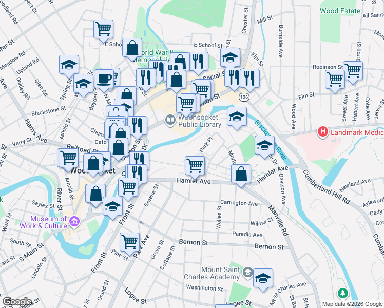 map of restaurants, bars, coffee shops, grocery stores, and more near 14 Park Place in Woonsocket