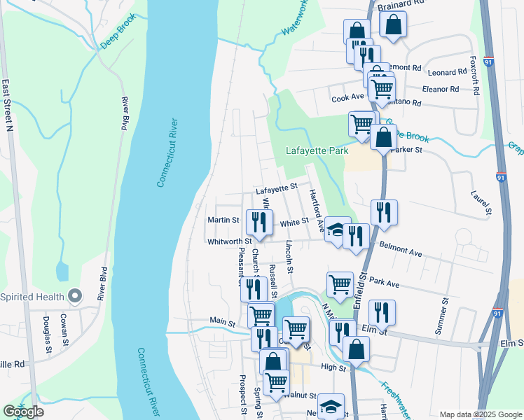 map of restaurants, bars, coffee shops, grocery stores, and more near 59 Windsor Street in Enfield