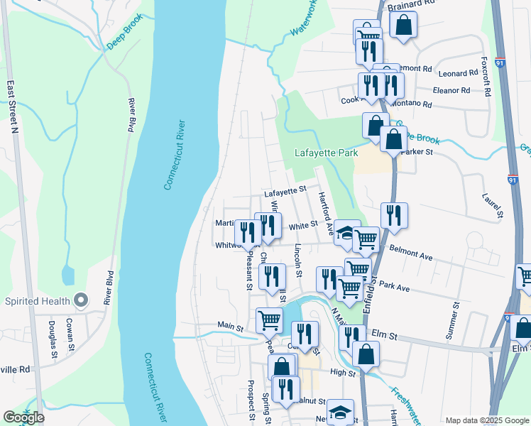 map of restaurants, bars, coffee shops, grocery stores, and more near 59 Windsor Street in Enfield