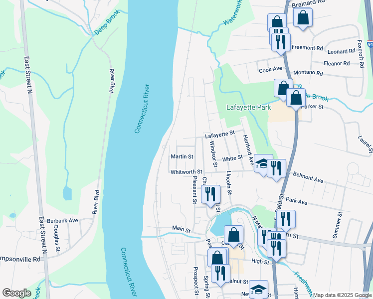 map of restaurants, bars, coffee shops, grocery stores, and more near 105 Pleasant Street in Enfield