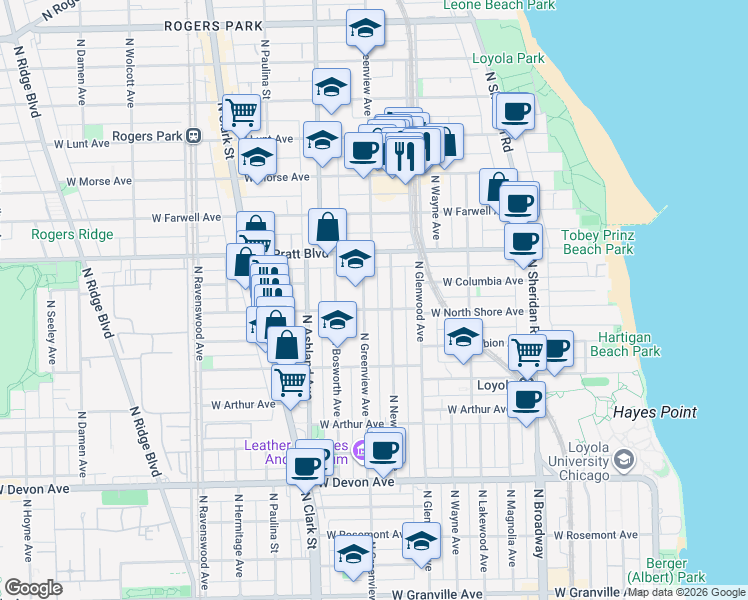 map of restaurants, bars, coffee shops, grocery stores, and more near 6732 North Newgard Avenue in Chicago
