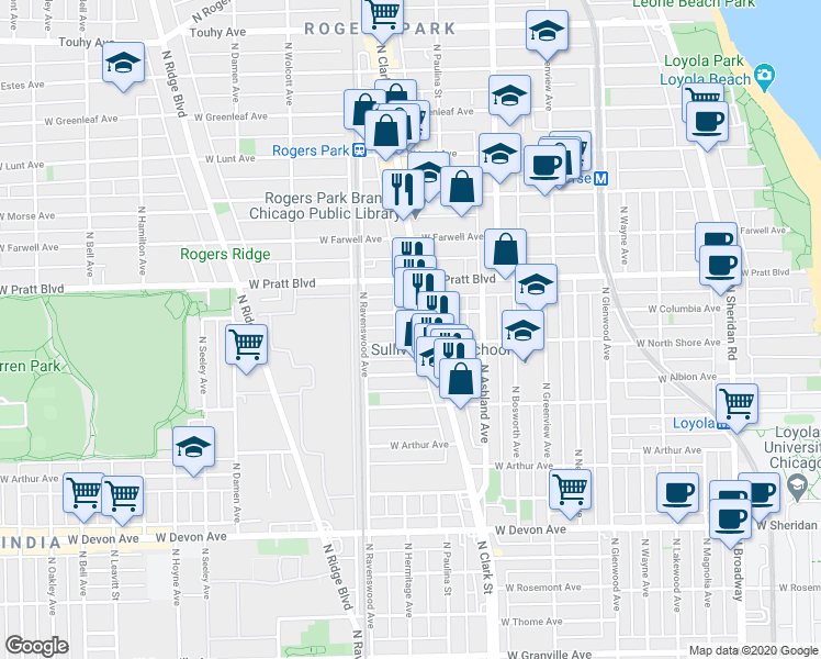map of restaurants, bars, coffee shops, grocery stores, and more near 6731 North Hermitage Avenue in Chicago