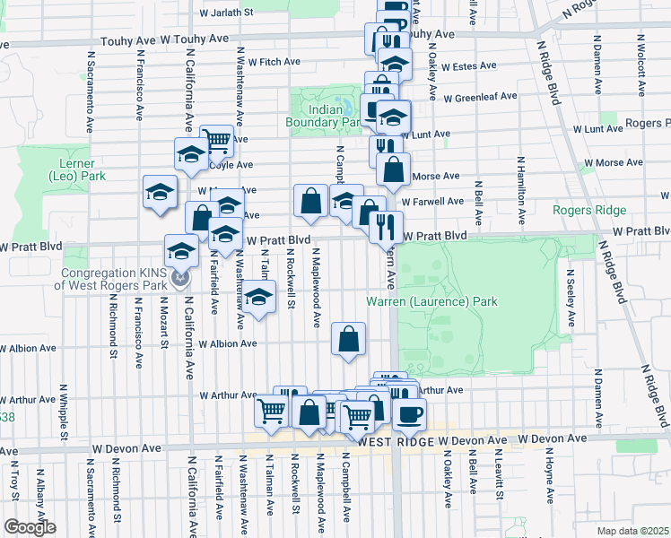 map of restaurants, bars, coffee shops, grocery stores, and more near 6738 North Campbell Avenue in Chicago