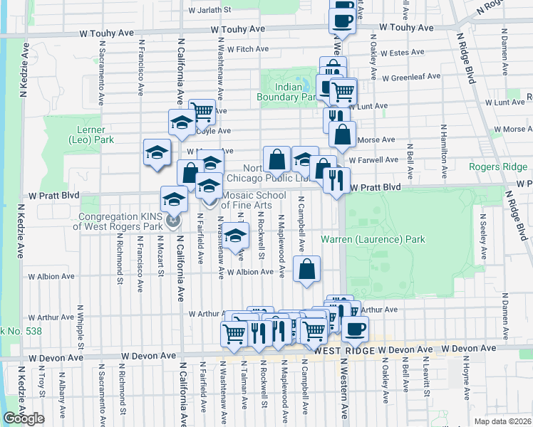 map of restaurants, bars, coffee shops, grocery stores, and more near 6749 North Rockwell Street in Chicago