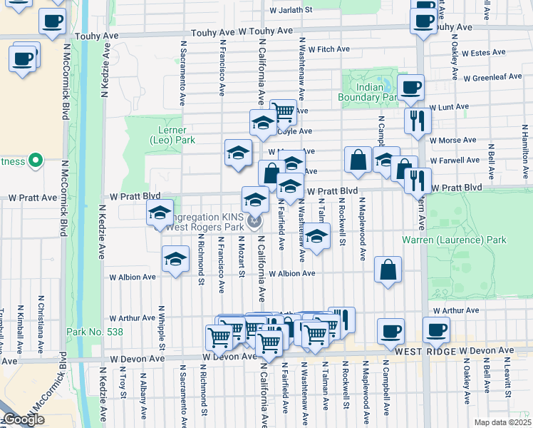 map of restaurants, bars, coffee shops, grocery stores, and more near 2743 West Pratt Boulevard in Chicago