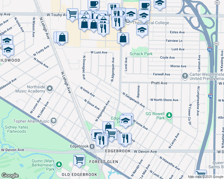 map of restaurants, bars, coffee shops, grocery stores, and more near 6800 North Algonquin Avenue in Chicago