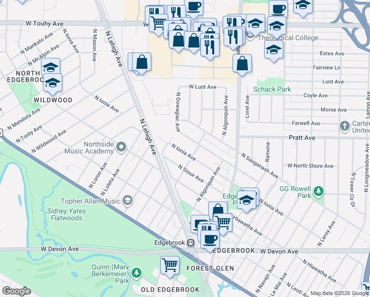 map of restaurants, bars, coffee shops, grocery stores, and more near 6838 North Dowagiac Avenue in Chicago
