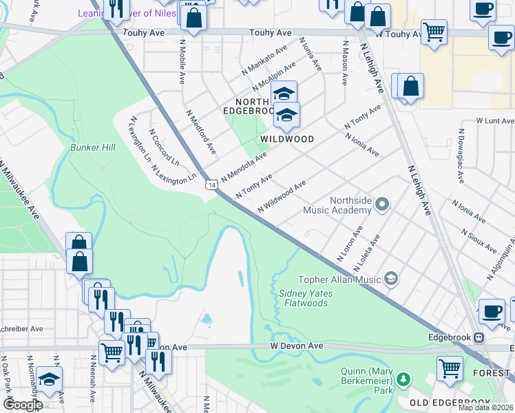 map of restaurants, bars, coffee shops, grocery stores, and more near 6819 North Tonty Avenue in Chicago