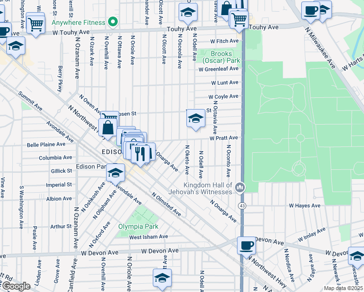 map of restaurants, bars, coffee shops, grocery stores, and more near 6787 West Pratt Avenue in Chicago