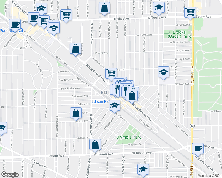 map of restaurants, bars, coffee shops, grocery stores, and more near 6830 North Overhill Avenue in Chicago