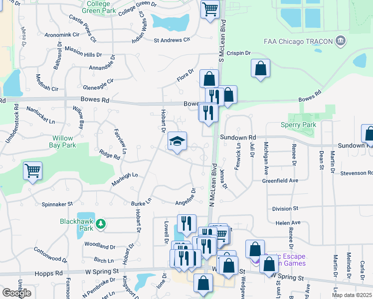 map of restaurants, bars, coffee shops, grocery stores, and more near 691 Fieldcrest Drive in South Elgin