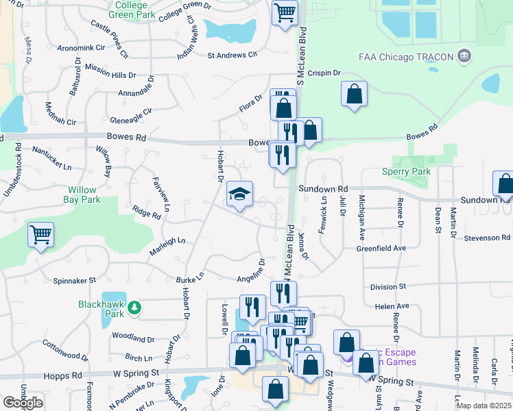 map of restaurants, bars, coffee shops, grocery stores, and more near 679 Fieldcrest Drive in South Elgin