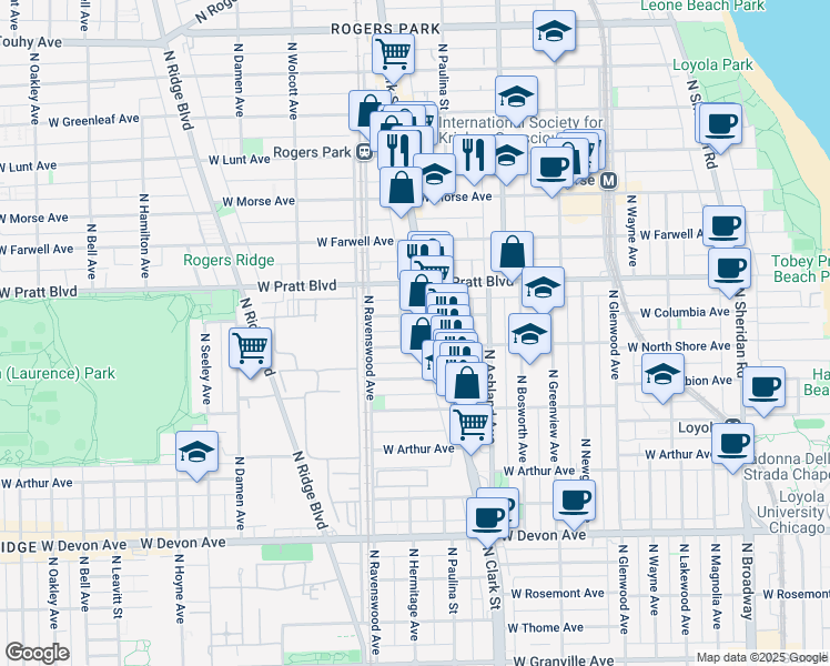 map of restaurants, bars, coffee shops, grocery stores, and more near 6731 North Hermitage Avenue in Chicago