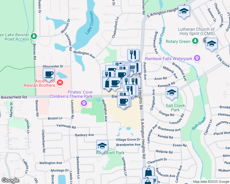 map of restaurants, bars, coffee shops, grocery stores, and more near 102 Biesterfield Road in Elk Grove Village