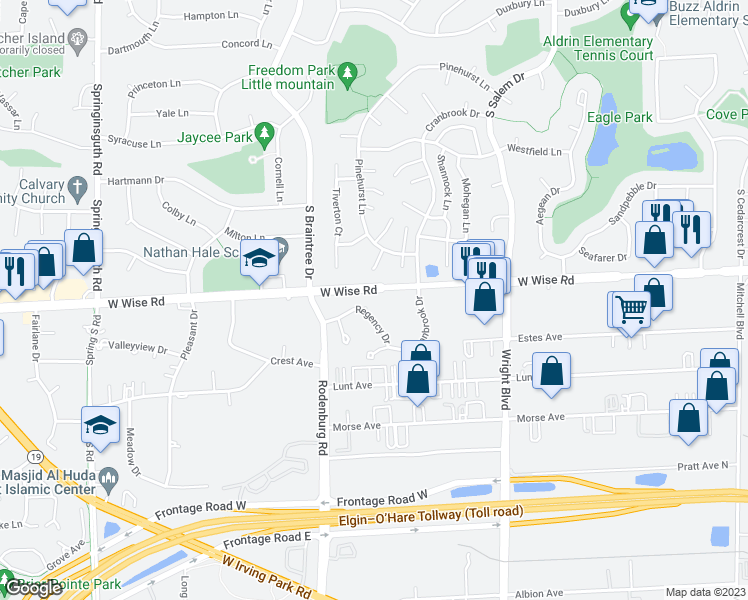 map of restaurants, bars, coffee shops, grocery stores, and more near 1150 Regency Drive in Schaumburg