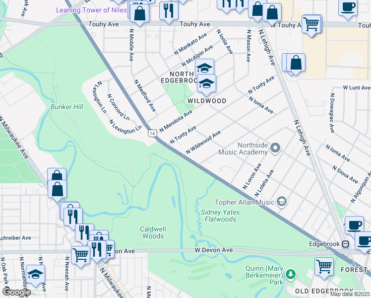 map of restaurants, bars, coffee shops, grocery stores, and more near 6819 North Tonty Avenue in Chicago