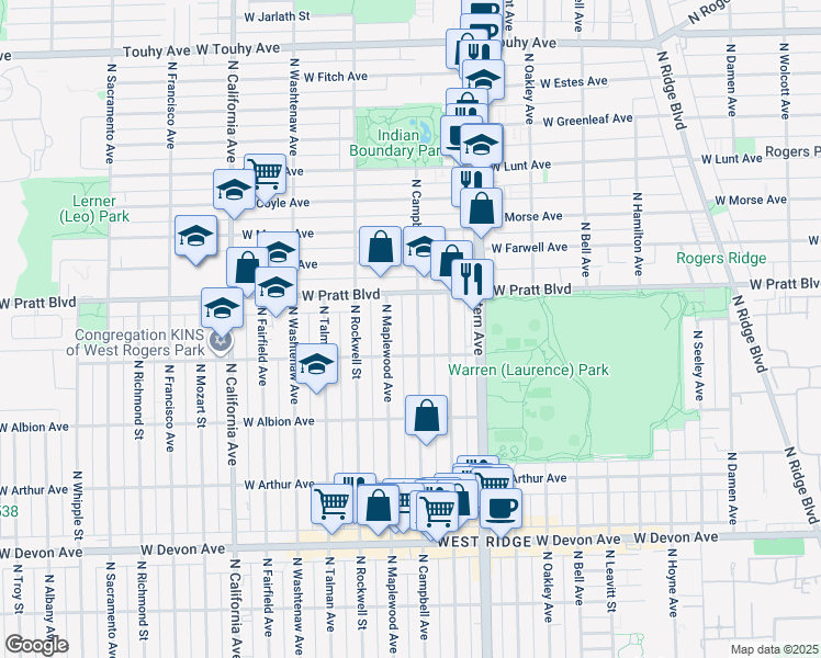 map of restaurants, bars, coffee shops, grocery stores, and more near 6738 North Campbell Avenue in Chicago