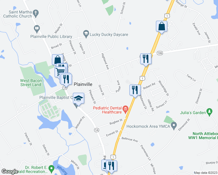 map of restaurants, bars, coffee shops, grocery stores, and more near 23-1 Potter Avenue in Plainville