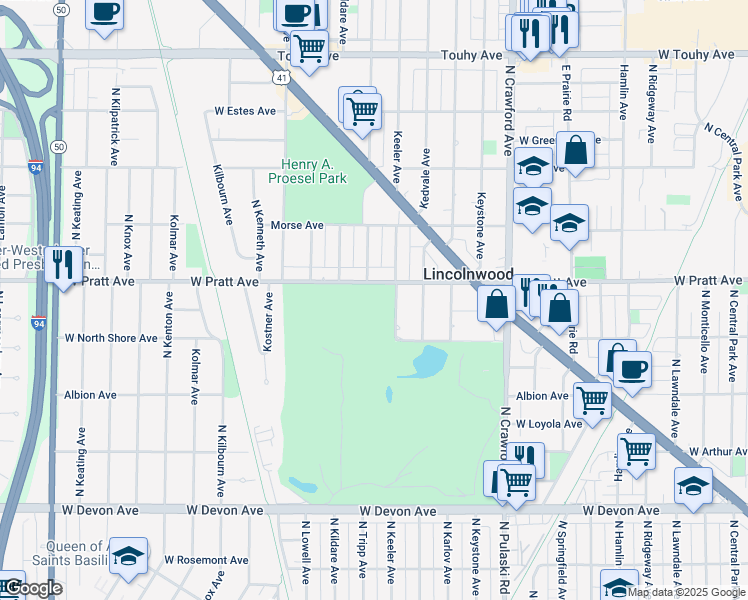 map of restaurants, bars, coffee shops, grocery stores, and more near in Lincolnwood