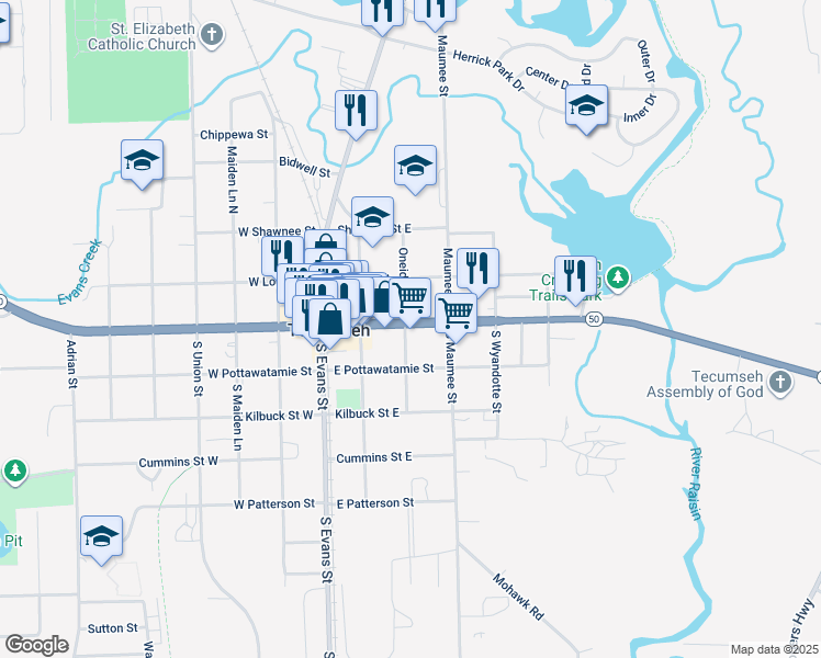 map of restaurants, bars, coffee shops, grocery stores, and more near 301 East Chicago Boulevard in Tecumseh
