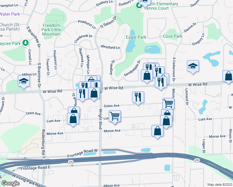map of restaurants, bars, coffee shops, grocery stores, and more near 801 West Wise Road in Schaumburg