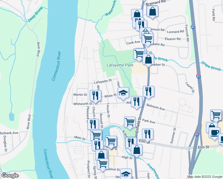 map of restaurants, bars, coffee shops, grocery stores, and more near 18 Union Street in Enfield