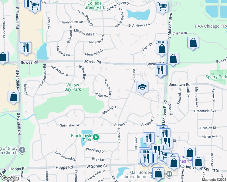 map of restaurants, bars, coffee shops, grocery stores, and more near 677 Fairview Lane in South Elgin