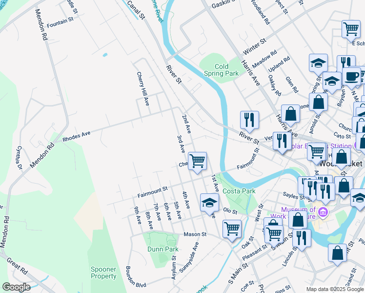 map of restaurants, bars, coffee shops, grocery stores, and more near 425 3rd Avenue in Woonsocket