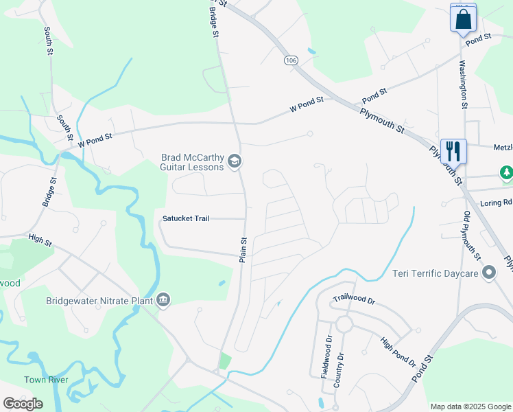 map of restaurants, bars, coffee shops, grocery stores, and more near 309 Plain Street in Bridgewater