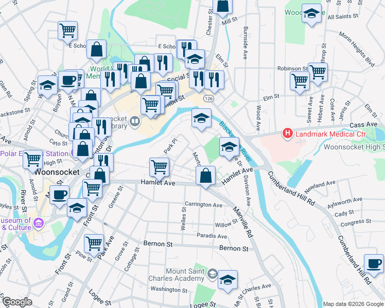 map of restaurants, bars, coffee shops, grocery stores, and more near 218 Park Place in Woonsocket